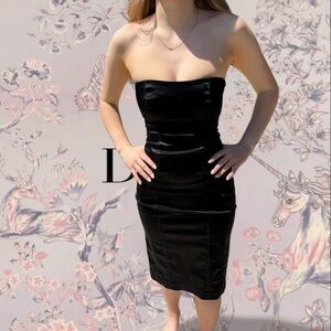 Vintage BEBE Rare Y2K Black Satin Bodycon Midi Dress Strapless XS